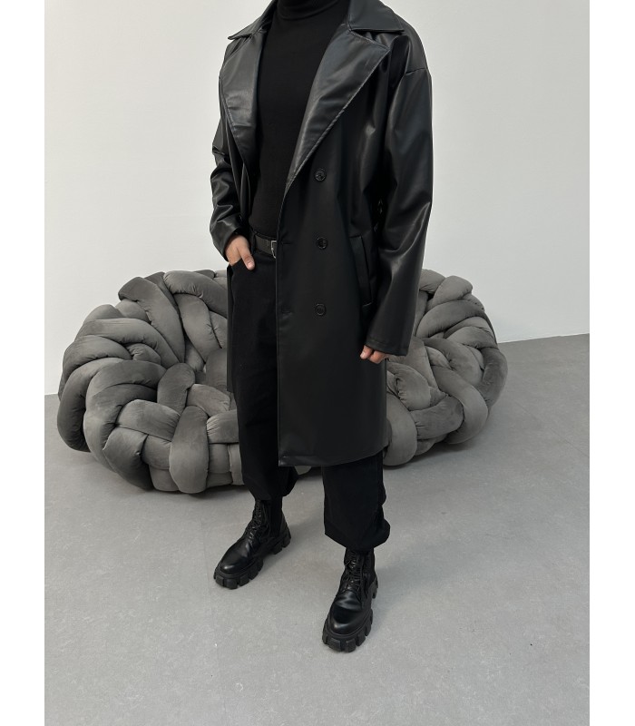 YENİ SEZON DERİ OVERSİZE TRENCH CEKET