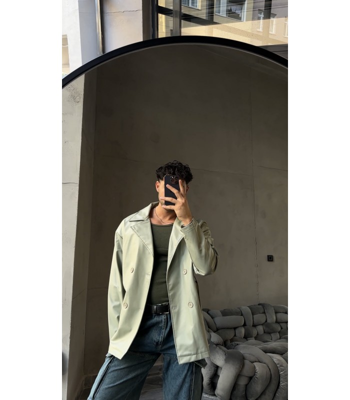 Kemer detaylı oversize mint yeşili deri ceket