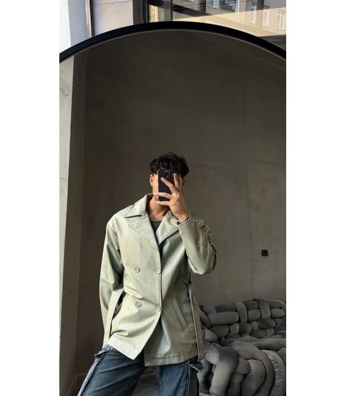 Kemer detaylı oversize mint yeşili deri ceket