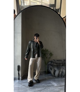 OVERSİZE HAKİ DERİ GÖMLEK