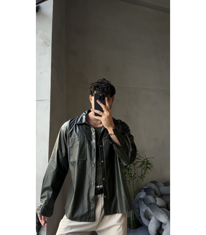 OVERSİZE HAKİ DERİ GÖMLEK