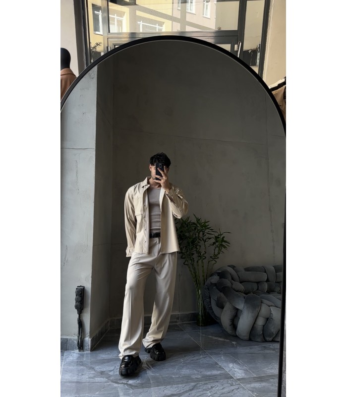 OVERSİZE KREM DERİ GÖMLEK