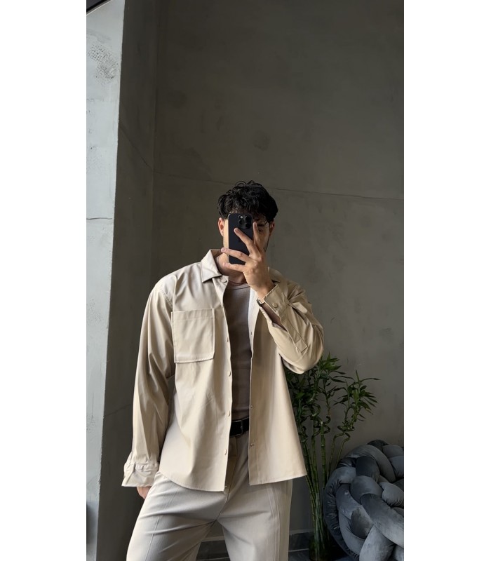 OVERSİZE KREM DERİ GÖMLEK