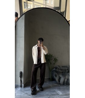 OVERSİZE BEJ DERİ GÖMLEK