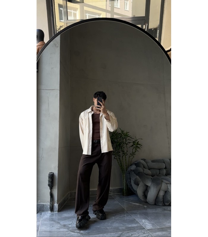 OVERSİZE BEJ DERİ GÖMLEK