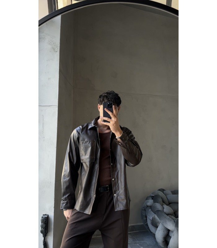 OVERSİZE KAHVE DERİ GÖMLEK