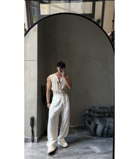 KETEN ÇİZGİ DETAYLI KAHVE GÖMLEK