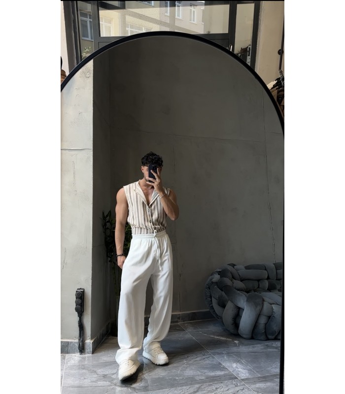 KETEN ÇİZGİ DETAYLI KAHVE GÖMLEK