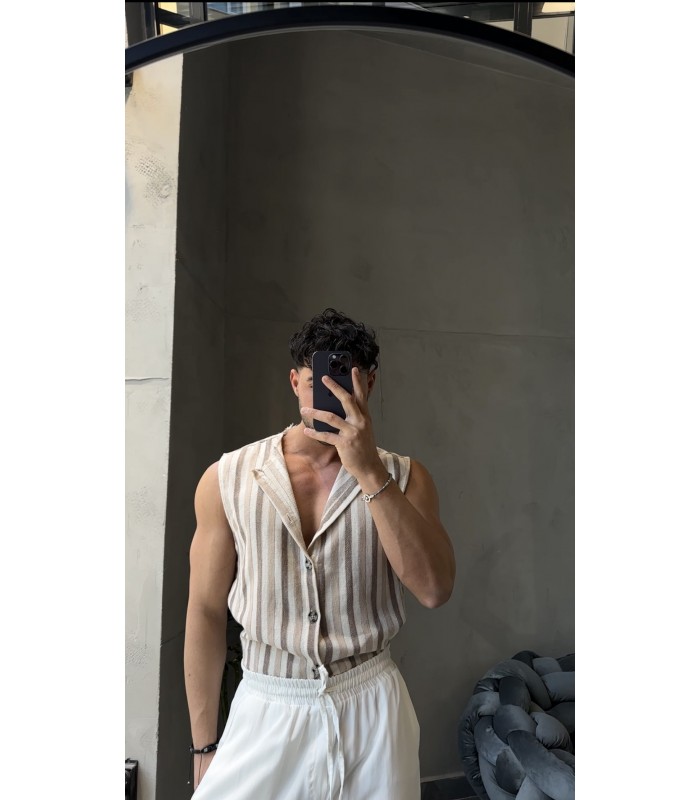 KETEN ÇİZGİ DETAYLI KAHVE GÖMLEK