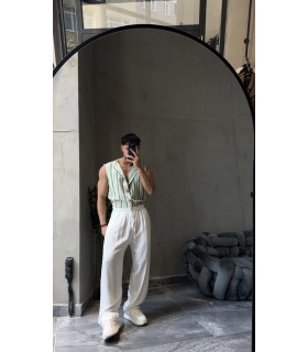 KETEN ÇİZGİ DETAYLI YEŞİL GÖMLEK