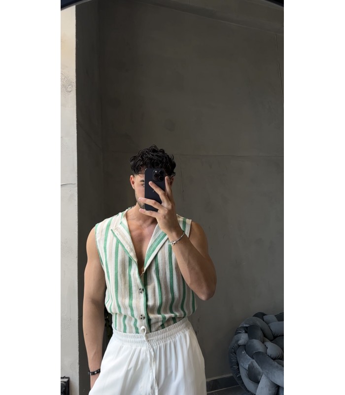 KETEN ÇİZGİ DETAYLI YEŞİL GÖMLEK