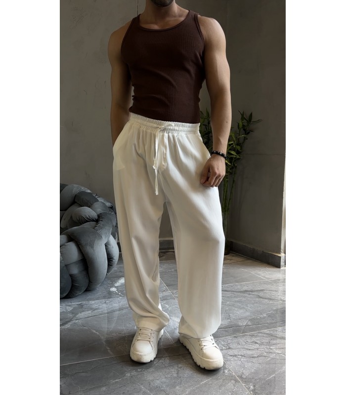OVERSİZE ÖZEL KUMAŞ İP DETAYLI BEYAZ PANTOLON