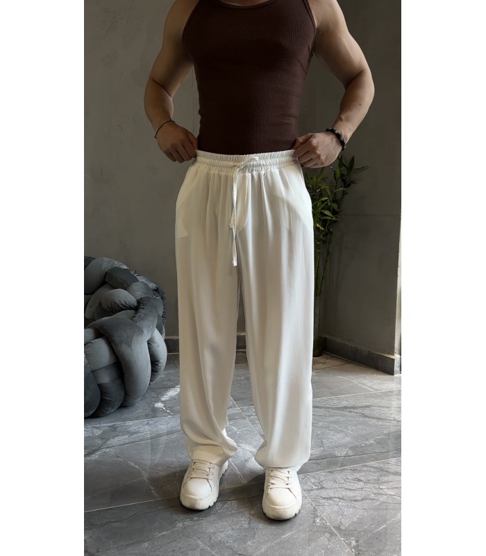 OVERSİZE ÖZEL KUMAŞ İP DETAYLI BEYAZ PANTOLON