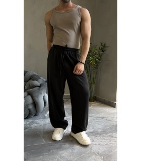 OVERSİZE ÖZEL KUMAŞ İP DETAYLI SİYAH PANTOLON