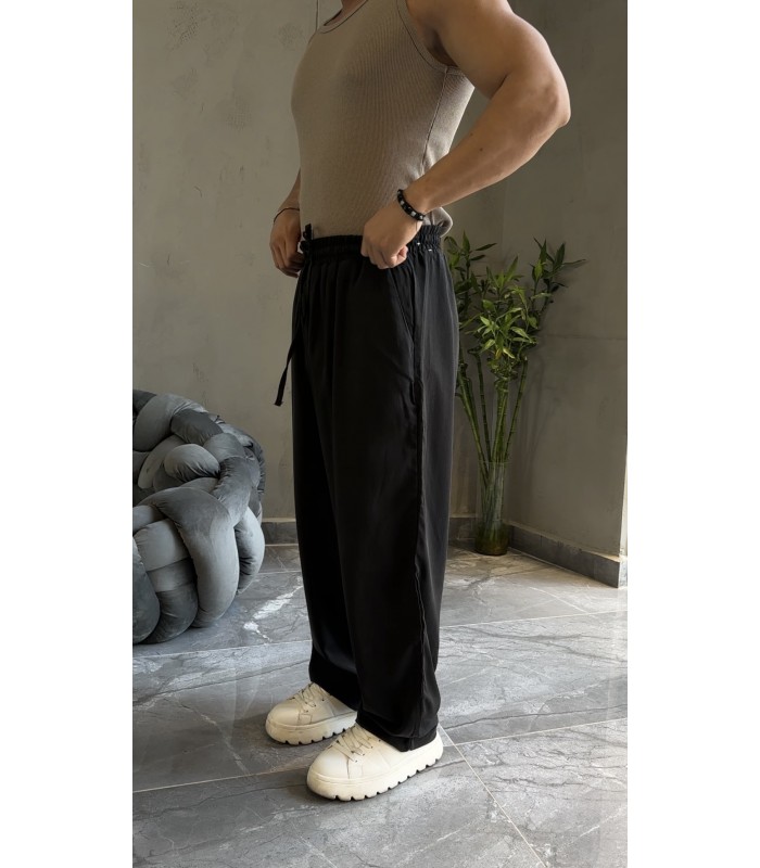 OVERSİZE ÖZEL KUMAŞ İP DETAYLI SİYAH PANTOLON