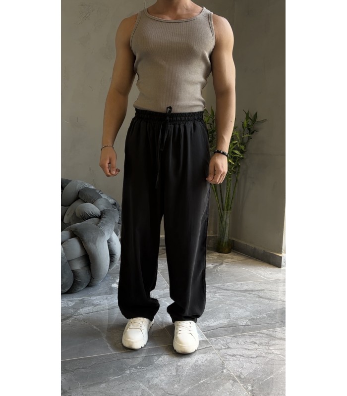 OVERSİZE ÖZEL KUMAŞ İP DETAYLI SİYAH PANTOLON