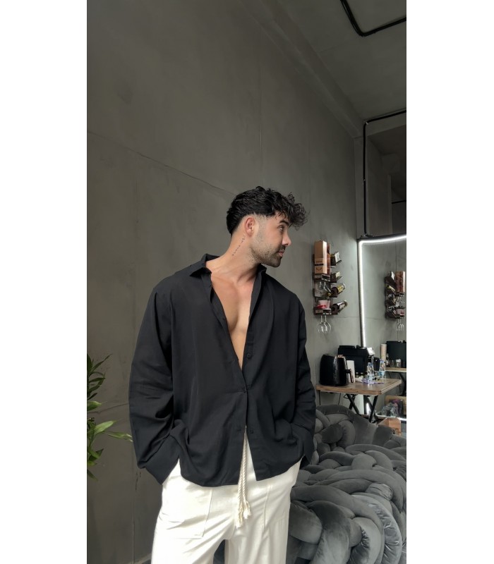 YENİ SEZON OVERSİZE KETEN SİYAH GÖMLEK