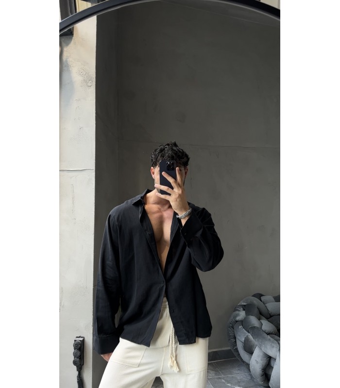 YENİ SEZON OVERSİZE KETEN SİYAH GÖMLEK