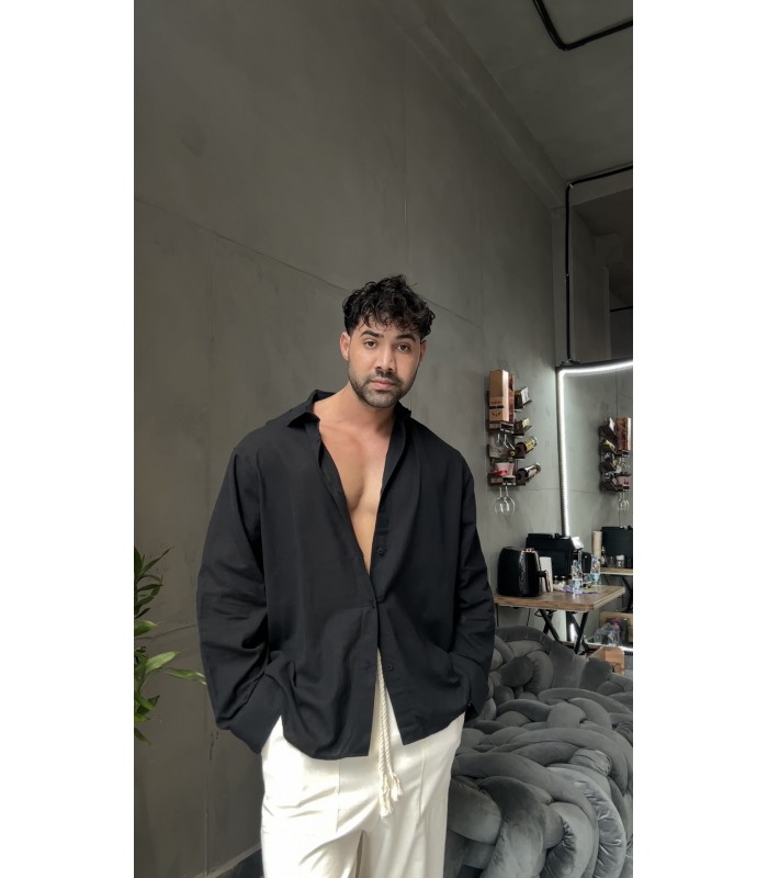 YENİ SEZON OVERSİZE KETEN SİYAH GÖMLEK