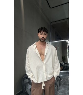 YENİ SEZON OVERSİZE BEJ KETEN GÖMLEK