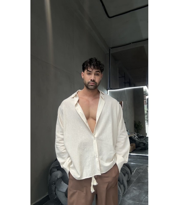 YENİ SEZON OVERSİZE BEJ KETEN GÖMLEK