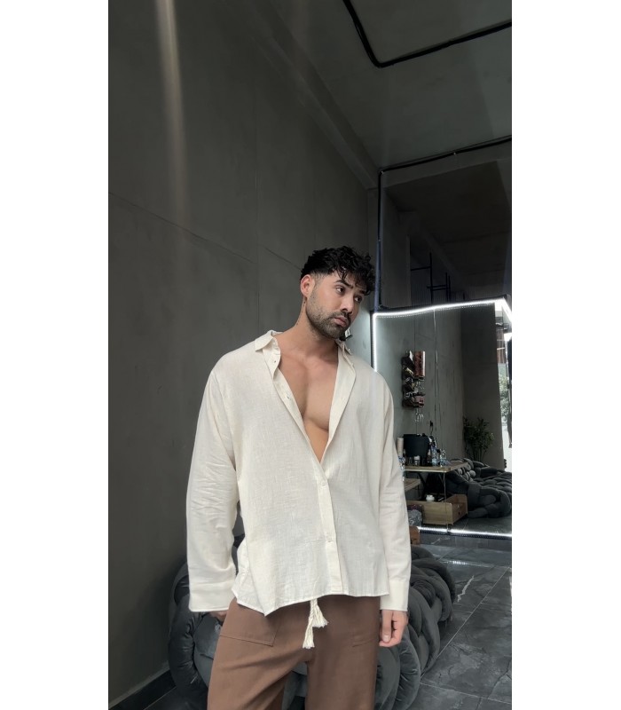 YENİ SEZON OVERSİZE BEJ KETEN GÖMLEK