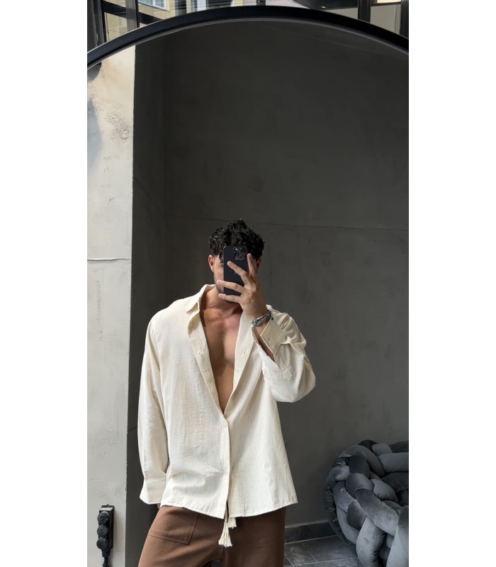 YENİ SEZON OVERSİZE BEJ KETEN GÖMLEK