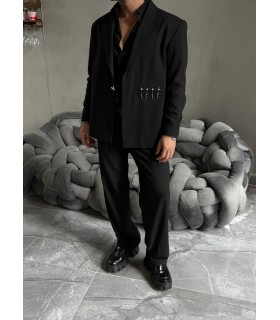 ÖZEL TASARIM OVERSİZE YANDAN KANCA DETAYLI SİYAH TAKIM