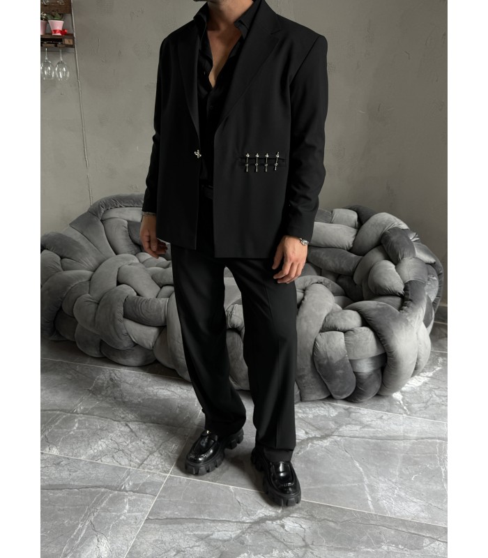 ÖZEL TASARIM OVERSİZE YANDAN KANCA DETAYLI SİYAH TAKIM