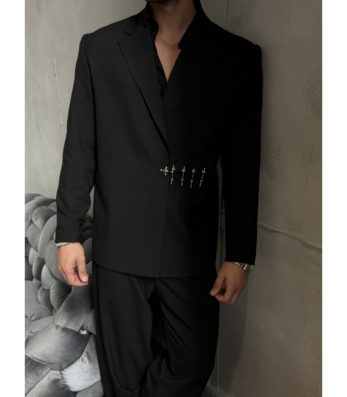 ÖZEL TASARIM OVERSİZE YANDAN KANCA DETAYLI SİYAH TAKIM