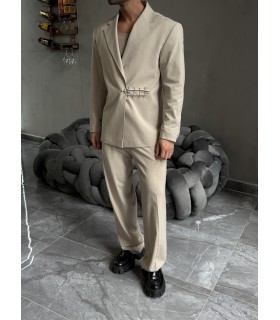 ÖZEL TASARIM OVERSİZE YANDAN KANCA DETAYLI KREM TAKIM