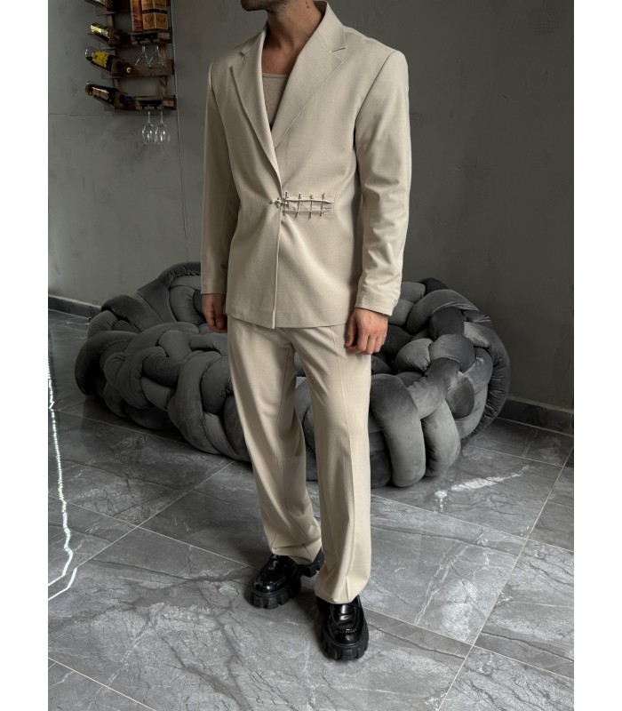 ÖZEL TASARIM OVERSİZE YANDAN KANCA DETAYLI KREM TAKIM