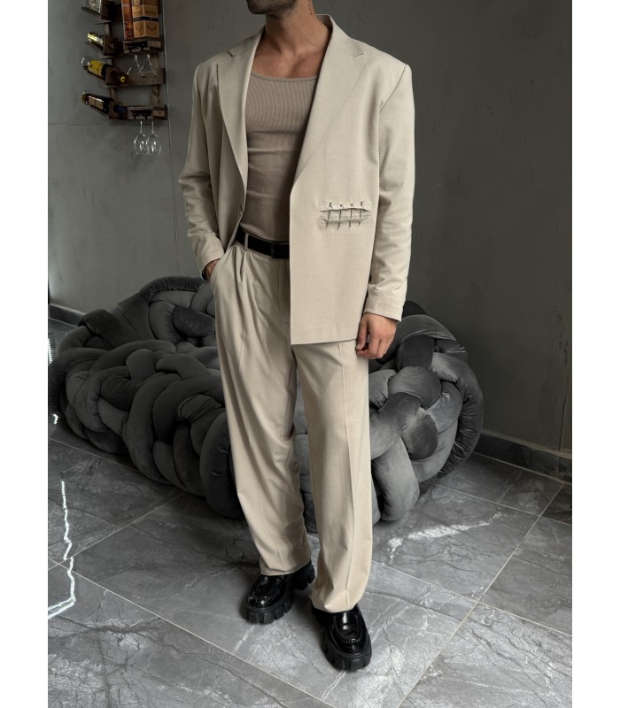 ÖZEL TASARIM OVERSİZE YANDAN KANCA DETAYLI KREM TAKIM