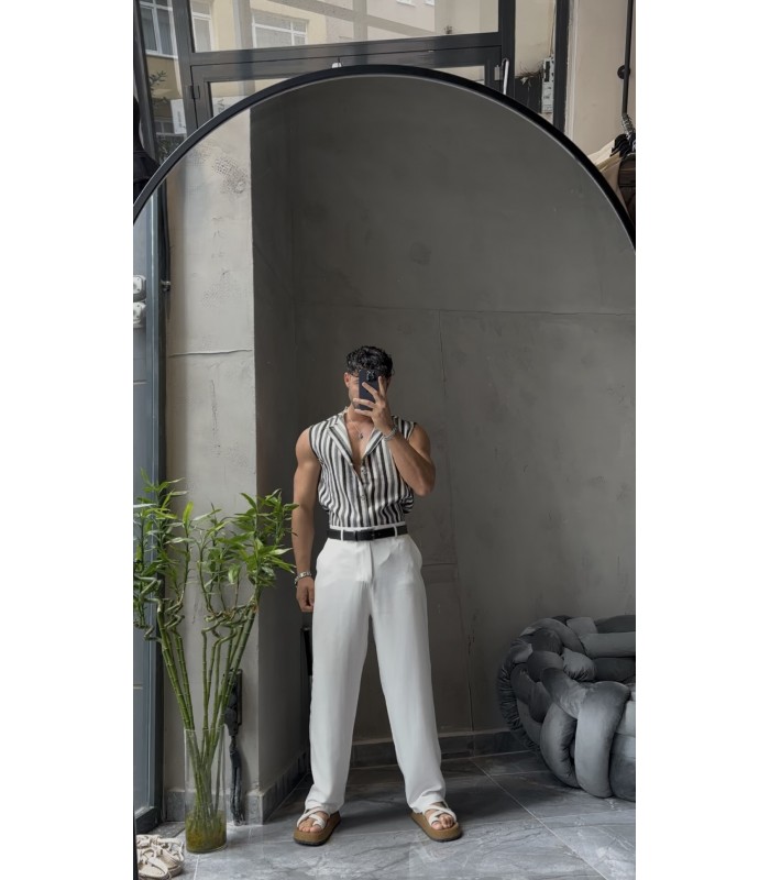 YENİ SEZON KETEN ÇİZGİ DETAYLI GÖMLEK