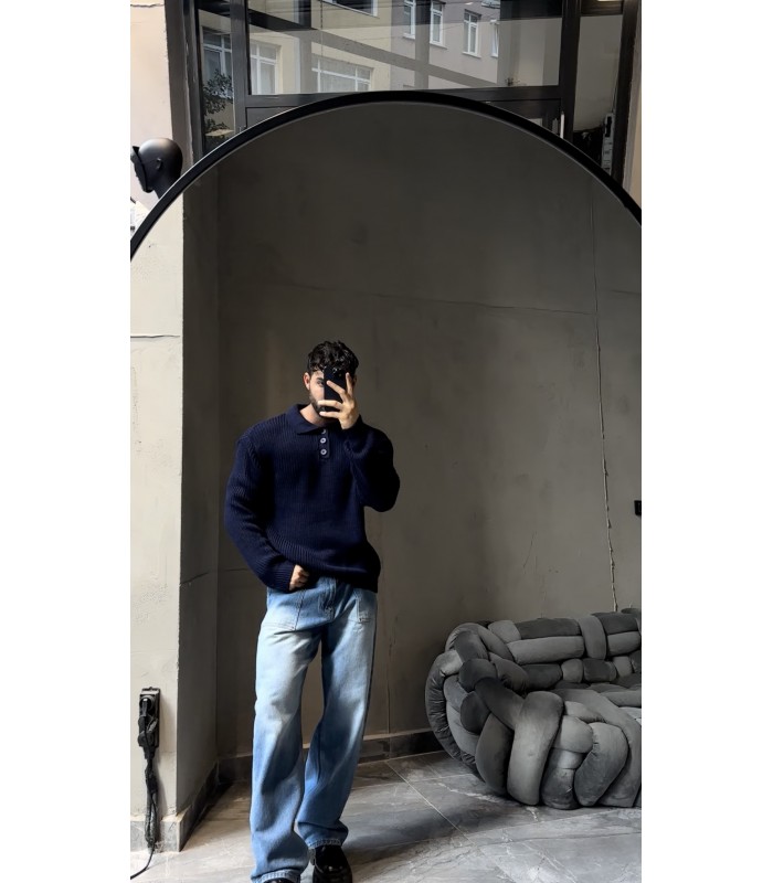 DÜĞME DETAYLI OVERSİZE POLO YAKA KAZAK