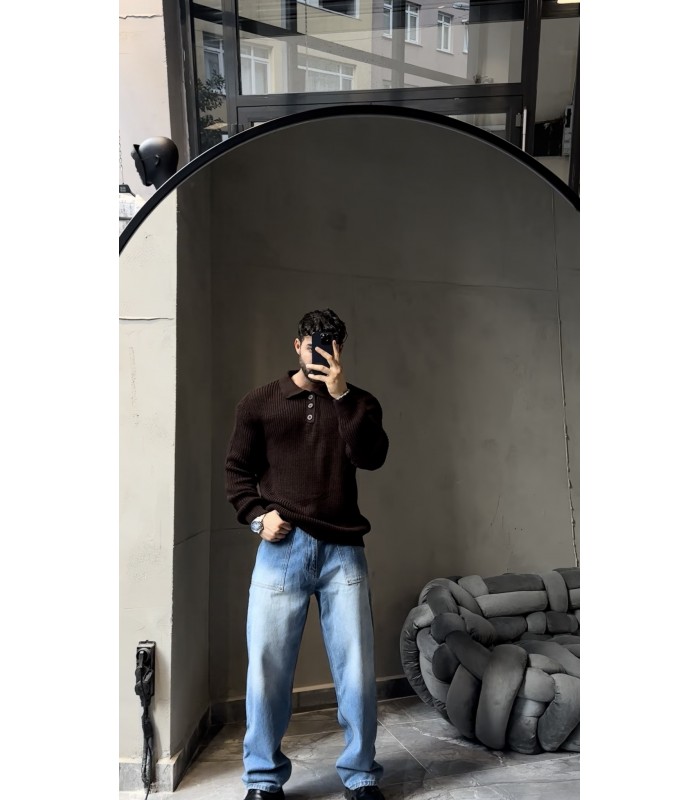 DÜĞME DETAYLI OVERSİZE POLO YAKA KAZAK