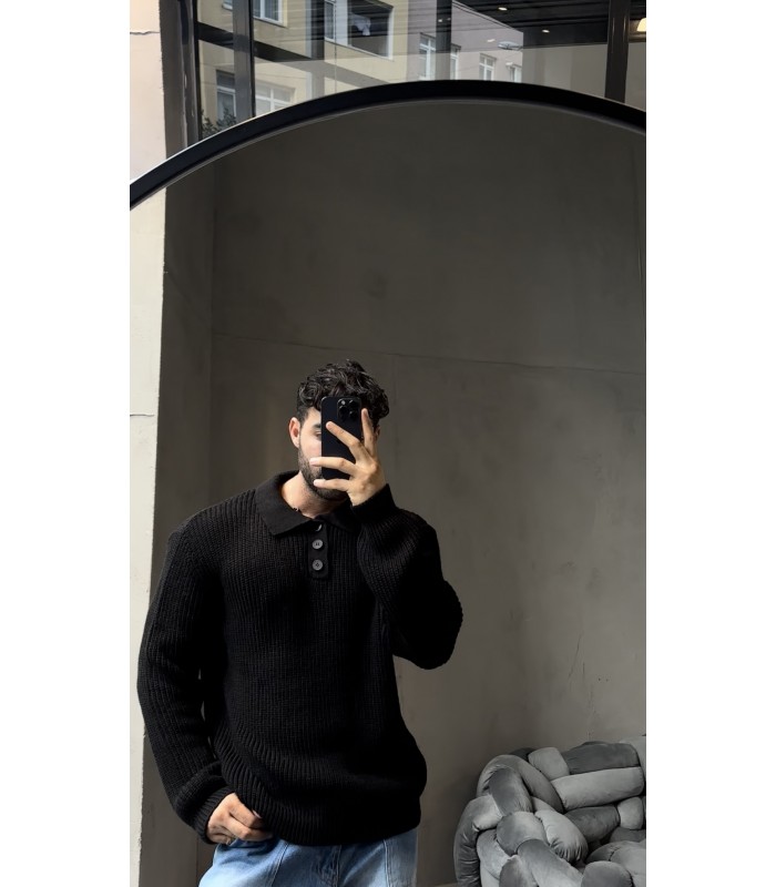 DÜĞME DETAYLI OVERSİZE POLO YAKA KAZAK