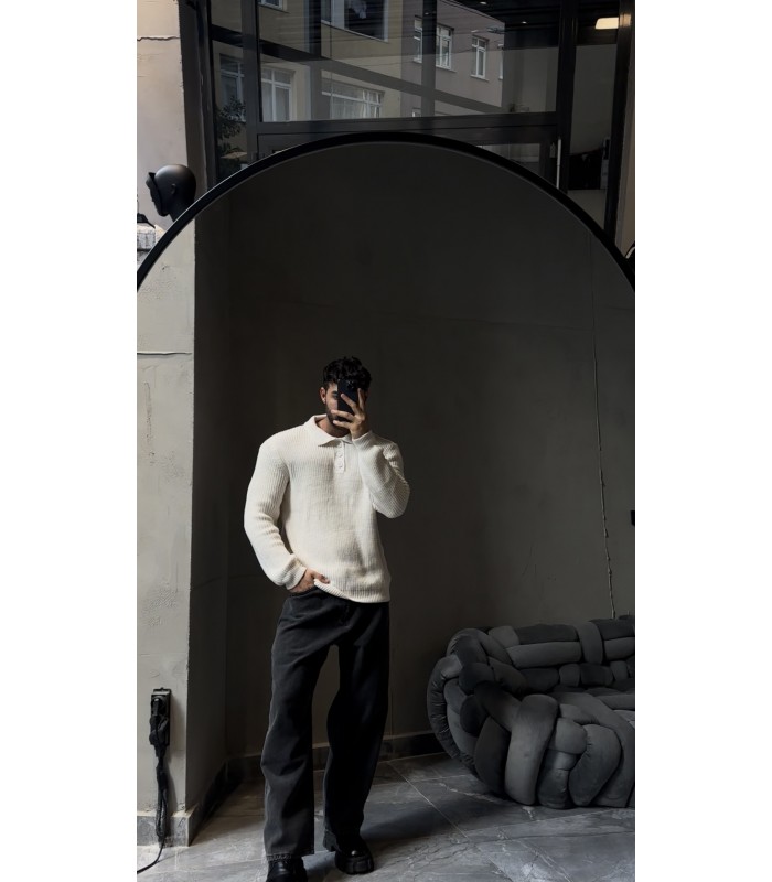 DÜĞME DETAYLI OVERSİZE POLO YAKA KAZAK