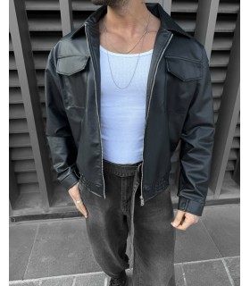 OVERSİZE ÖN CEP DETAYLI SİYAH DERİ CEKET