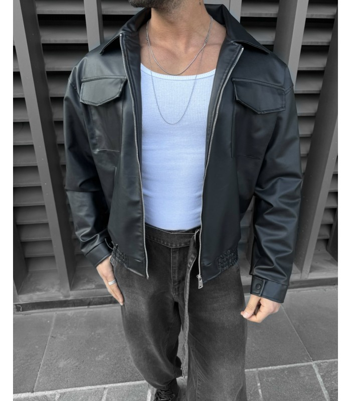 OVERSİZE ÖN CEP DETAYLI SİYAH DERİ CEKET