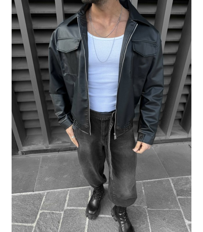 OVERSİZE ÖN CEP DETAYLI SİYAH DERİ CEKET