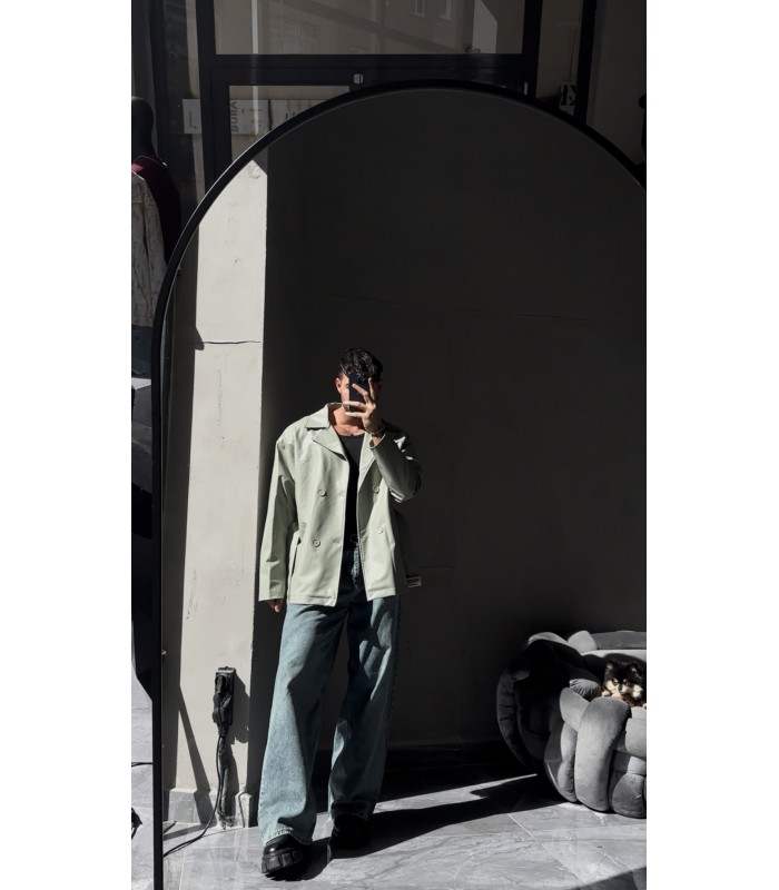 OVESİZE KEMER DETAYLI MİNT YEŞİLİ DERİ CEKET