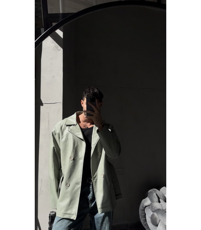 OVESİZE KEMER DETAYLI MİNT YEŞİLİ DERİ CEKET