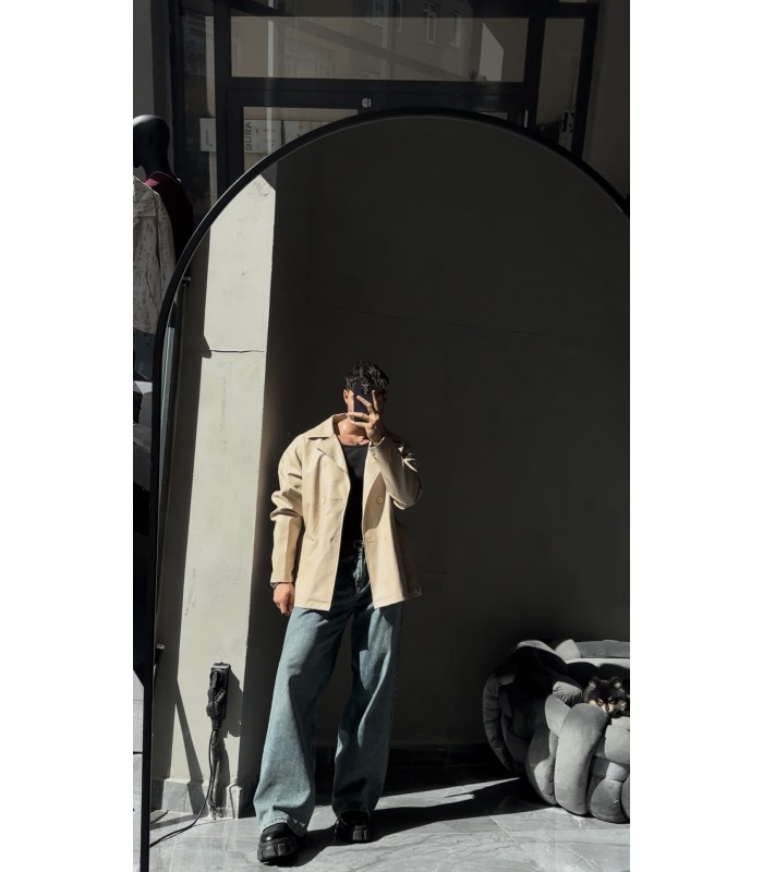 OVESİZE KEMER DETAYLI BEJ DERİ CEKET