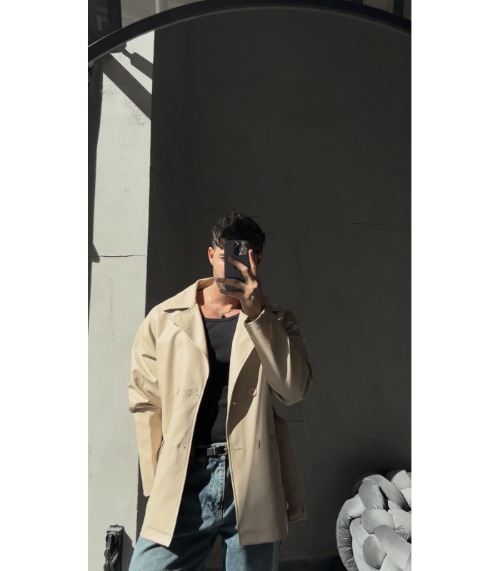 OVESİZE KEMER DETAYLI BEJ DERİ CEKET