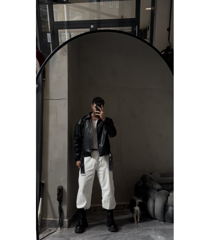 OVERSİZE ALT KEMER DETAYLI DERİ CEKET