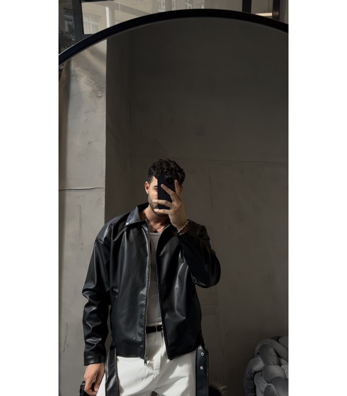 OVERSİZE ALT KEMER DETAYLI DERİ CEKET