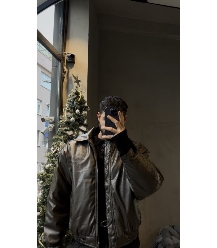 Oversize bomber yeni sezon arka yazı detaylı deri ceket