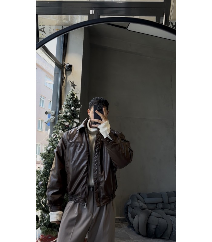 Oversize bomber yeni sezon arka yazı detaylı deri ceket