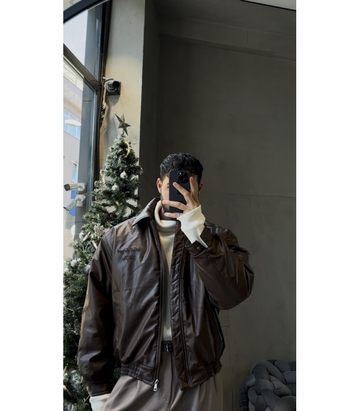 Oversize bomber yeni sezon arka yazı detaylı deri ceket